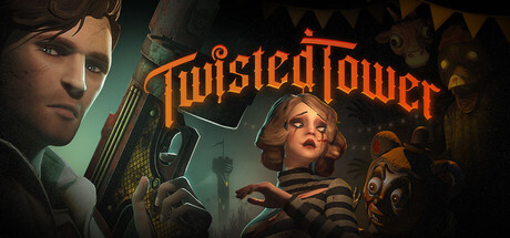 Twisted Tower key art — a 1950s carnival horror theme park with a twisted mascot and neon lights