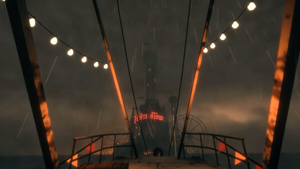 Twisted Tower gameplay — first-person view inside a neon carnival corridor with mascot enemies
